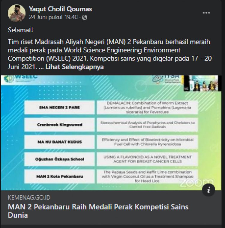 Prestasi Siswa MAN 2 Pekanbaru di WSEEC 2021 Diapresiasi Menteri Agama